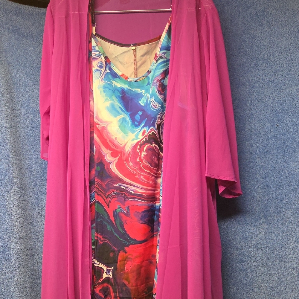 Vibrant Multicolor Dress with Pink Sheer Overlay